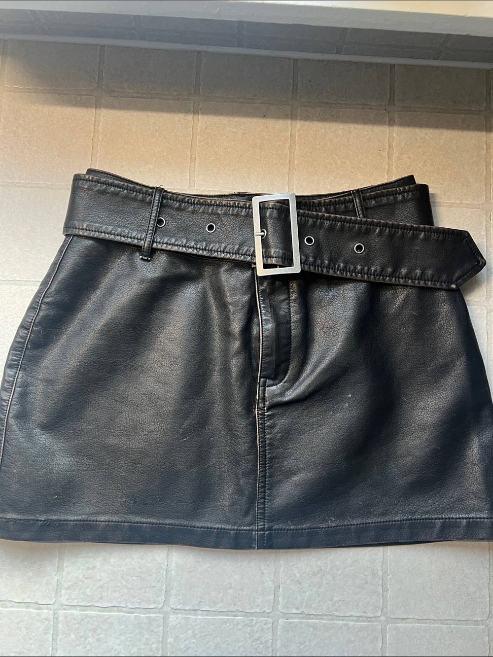 Black Faux Leather Mini Skirt with Belt